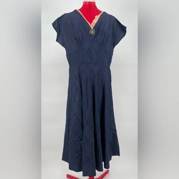 1950s Pickwick Fashions Navy Blue Fit & Flare Formal Short Sleeve Dress - Picture 2 of 15